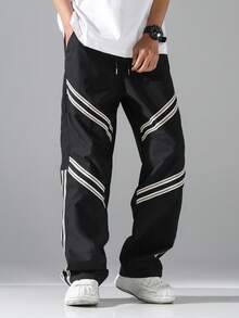 Manfinity Hypemode 男士条纹抽绳腰带口袋休闲直筒裤 - 黑色 - 查看 8