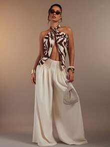 Hauture Women's Sexy Casual Pleated Relaxed Wide Leg Linen Pants - White - View 2