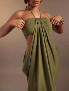 Hauture Olive Green Bandeau Cut Out Side Draped Gathered Side Halter Neck Maxi Dess - Army Green - View 6