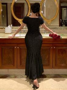 DAZY Sequin Mermaid Tail V-Neck Midi Party Dress For Women - Black - View 2