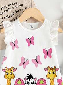 SHEIN Playful Pals Baby Girl Colorful Floral, Butterfly & Animal Print Knit Ruffle Hem White Dress, Summer - Multicolor - View 3