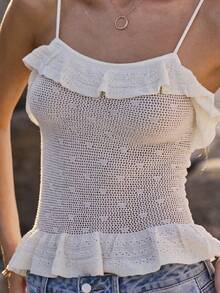 Aralina Women Summer Knitted Ruffle Detail Cami Top Cute Holiday Vacation Outfit Y2K Stockholm Style - White - View 5