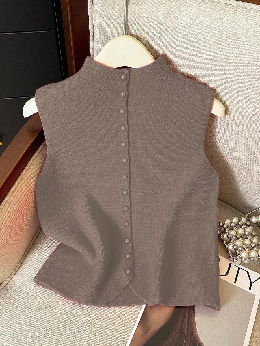 Franclia Casual Loose Fit Sleeveless Turtleneck Buttoned Knit Top, Red, For Women, Spring/Autumn - Camel - View 1