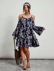 SHEIN LUNE 大码女式度假腰果花卉镂空喇叭袖系带宽松时尚连衣裙 - 彩色 - 查看 5