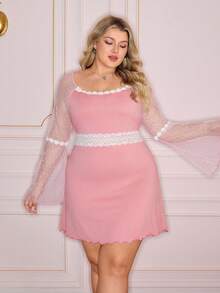 Slumberry CURVE Plus Size Sweet Lace Bell Sleeve Contrast Color Nightgown - Dusty Pink - View 5