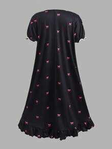 SHEIN Tween Girl Loose Casual Round Neck Short Sleeve Heart Pattern Bow & Lace Trim Loungewear - Multicolor - View 2