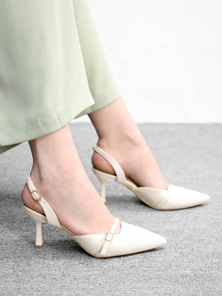 CUCCOO BIZCHIC Pointed Toe Stiletto Heel Beige Backstrap Women's Pumps, Slingback Dress Shoes For Daily Commute, Work, Party