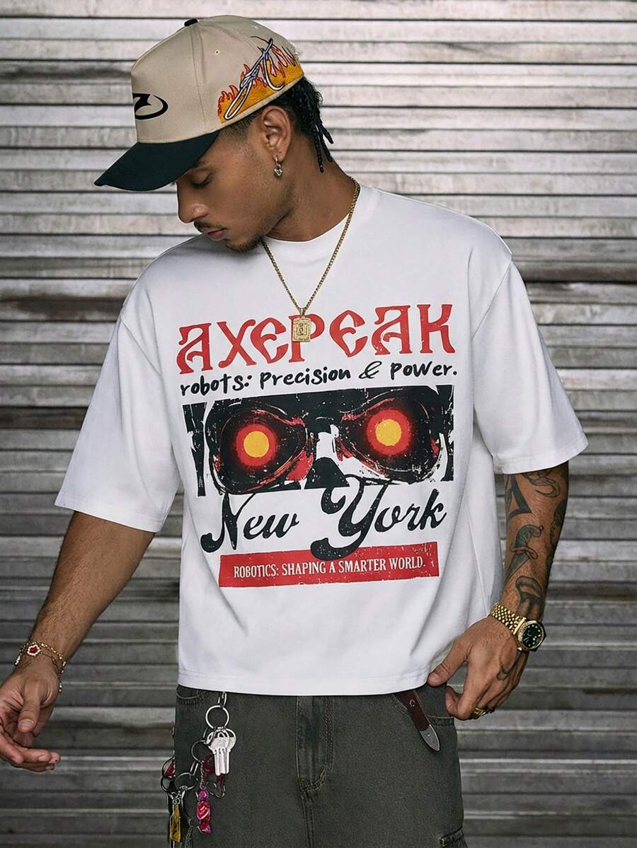 AXEPEAK 男士字母印花圆领短袖休闲百搭T恤 - 白色 - 查看 1