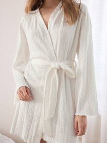 Ocili 100% Cotton Soft & Comfortable Jacquard Weave Ruffled Tie-Front Sleepwear Robe For Women - White - View 2