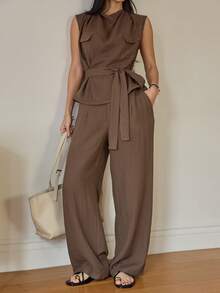 Dazy-Less 春夏修身休闲通勤职业套装，短款上衣搭配直筒裤，优雅通勤复古风，女士之选 - 咖啡棕 - 查看 4