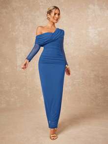 Lumalex 女士优雅性感酒红色不对称领交叉褶皱腰部开衩下摆长袖修身连衣裙，春夏款 - 寶藍色 - 查看 8