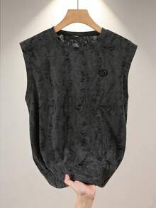 Manfinity Dauomo 男士休闲做旧圆领无袖背心，百搭夏季时尚单品 - 灰色 - 查看 1