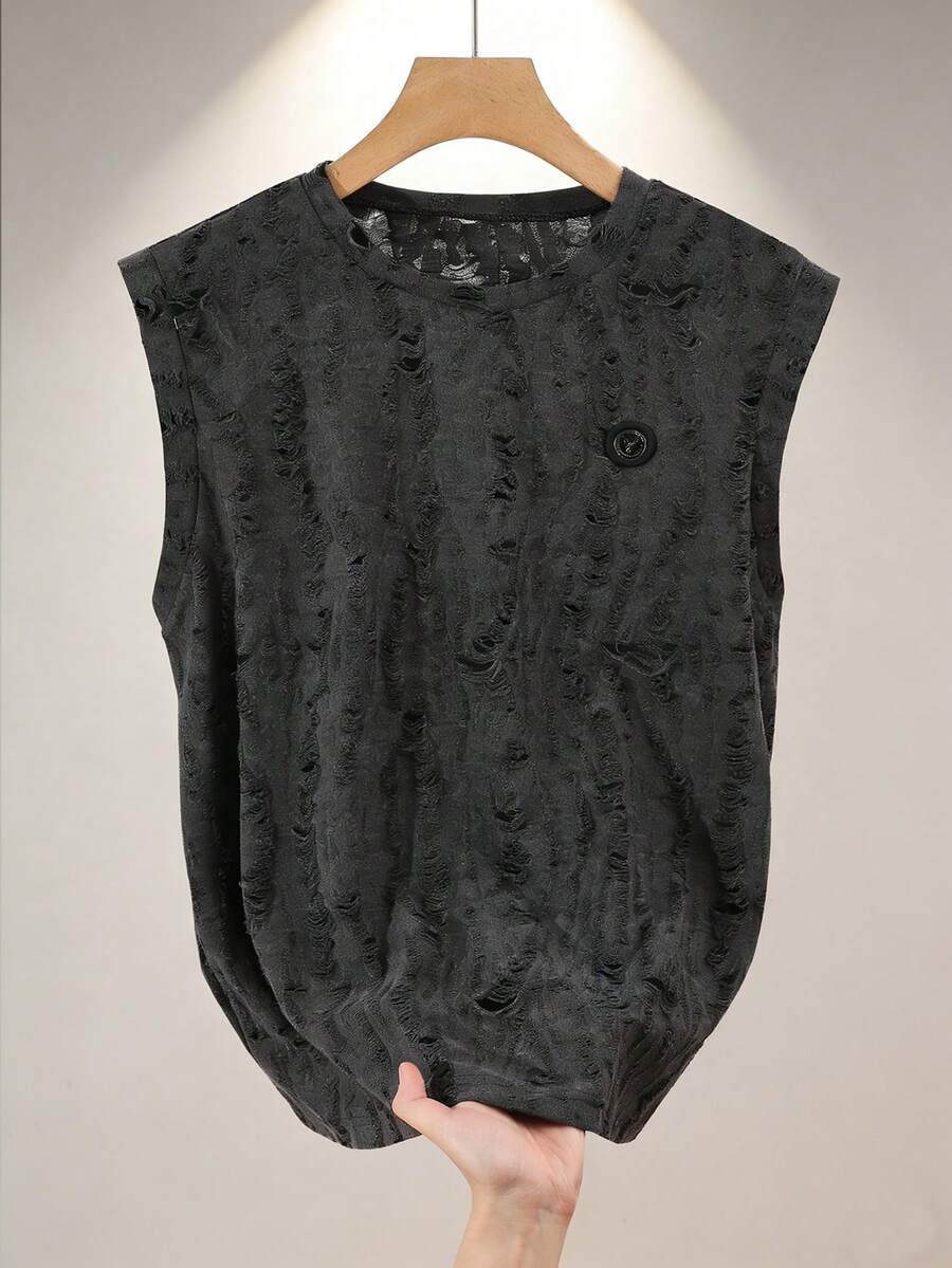 Manfinity Dauomo 男士休闲做旧圆领无袖背心，百搭夏季时尚单品 - 灰色 - 查看 1