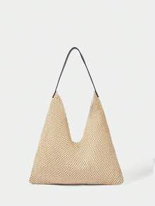 SHECARRY 女士单肩包、流浪包、草编包、流苏草编包，时尚、优雅、简约、个性化、百搭，适合海滩、度假、假日、夏季、海边、沙滩派对 - 杏色1 - 查看 1