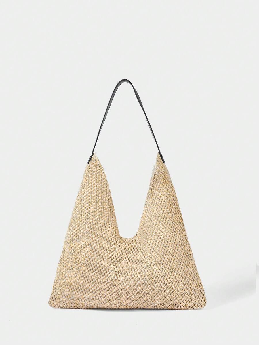 SHECARRY 女士单肩包、流浪包、草编包、流苏草编包，时尚、优雅、简约、个性化、百搭，适合海滩、度假、假日、夏季、海边、沙滩派对 - 杏色1 - 查看 1