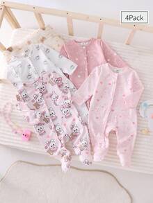 4pcs Newborn Cute Rabbit & Bear Graphic Footie Pajamas, Pink & White - Multicolor - View 7