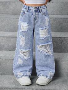 Quần jean denim rách nhẹ màu xanh nhạt, dáng rộng, phong cách Y2K mới cho bé gái, thích hợp cho mùa xuân hè, đi nghỉ mát, phong cách đồng quê, boho, đi biển, phong cách đường phố miền Tây, kỳ nghỉ xuân, lễ hội âm nhạc, quần jean, quần jean cho bé 4 tuổi, quần jean mùa hè, quần jean dễ thương, quần jean rộng kiểu Y2K những năm 2000. - Rửa nhẹ - Xem 7