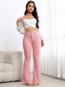 Flexra Quần jeans ống loe cạp cao có túi dành cho nữ, kiểu dáng thường ngày, đa năng. - Hồng - Xem 7