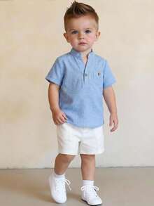 SHEIN 2pcs Baby Boys Casual V-Neck Short Sleeve Shirt And Shorts Set, Suitable For Spring/Summer - Blue - View 5