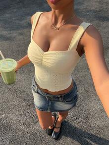 Muchica Holiday Women's Summer Casual Vacation Solid Color Wide Strap Top - Yellow - View 8