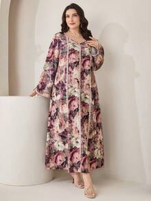 Al Najma Vestido longo árabe tradicional folgado com estampa floral para mulheres plus size - Multicolorido - Ver 6