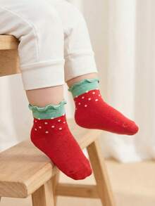 Cozy Pixies 4双春秋季中筒袜，草莓图案，透气吸汗，甜美学院风袜子 - 彩色 - 查看 4
