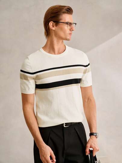 Manfinity CityGents 男士圆领短袖纯色拼布休闲针织上衣