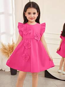 SHEIN Đầm dệt màu trơn thanh lịch cho bé gái, kiểu dáng ôm sát, họa tiết hoa, tay bồng, viền bèo, thích hợp cho kỳ nghỉ thường ngày. - Màu Hồng Tươi - Xem 3