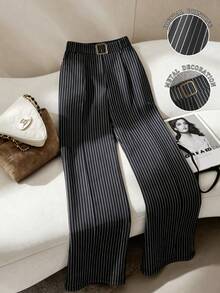 INAWLY Women's Casual Everyday/Work Commute Striped Print Metal Buckle Waist Loose Wide Leg Pants - Multicolor - View 1