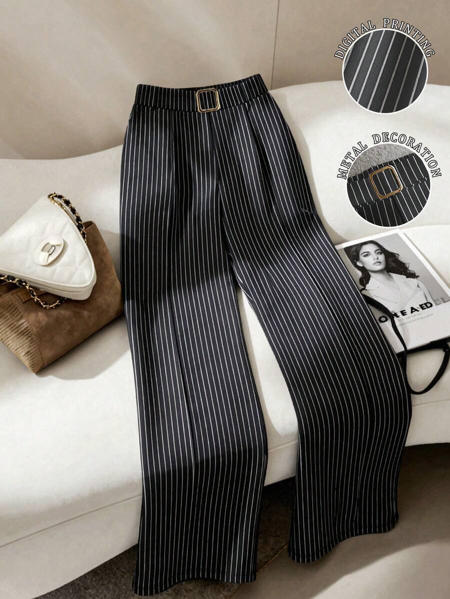 INAWLY Women's Casual Everyday/Work Commute Striped Print Metal Buckle Waist Loose Wide Leg Pants - Multicolor - View 1