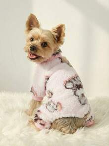 PETSIN 1pc Pet Dog & Cat Universal Pink Fleece Warm Polar Fleece Cartoon Puppy Print Jumpsuit - Multicolor - View 3