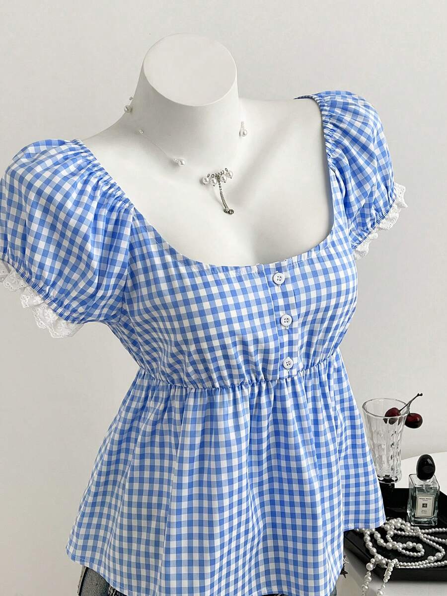 Elamini Women's Simple Blue Plaid Puff Sleeve Ruffle Trim Crop Top, Summer - Blue - View 1