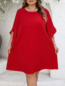 SHEIN CURVE+ Curve 尺码 US22 音乐节、海滨度假、波西米亚风 CURVE PLUS / / 女士圆领蝙蝠袖红色 A 字及膝中袖通勤春夏轻薄连衣裙 - 紅色 - 查看 6