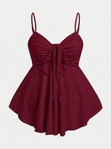 SHEIN EZwear Áo hai dây dệt kim màu đỏ rượu vang cỡ lớn dành cho nữ, màu trơn, buộc dây phía trước, kiểu dáng thường ngày. - Màu Đỏ Sâu - Xem 1