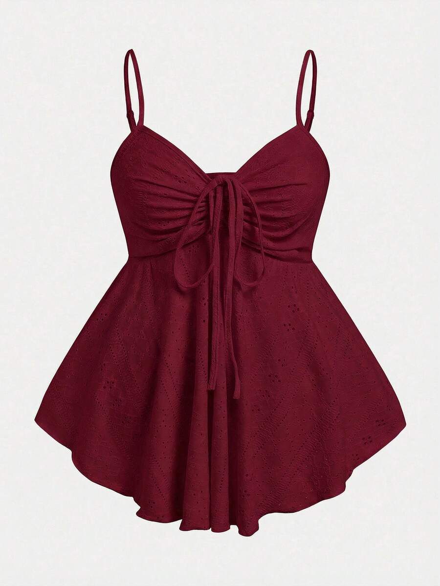 SHEIN EZwear Áo hai dây dệt kim màu đỏ rượu vang cỡ lớn dành cho nữ, màu trơn, buộc dây phía trước, kiểu dáng thường ngày. - Màu Đỏ Sâu - Xem 1