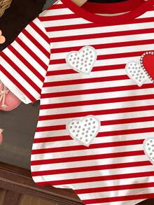 SHEIN Baby Girl Burgundy Striped, Faux Pearl Heart Print, Casual Minimalist Elegant Striped Heart Graphic Short Sleeve Round Neck Top T-Shirt, Suitable For Spring/Summer Daily, Street Style, Outings, Home, Vacation, Homecoming, Back To School, Spring & Summer, Easy Comfort, Spring & Summer Sets Stylish, Casual Wear, & Heart Graphic Tee, Spring & Summer Fashion, Laid-Back Style, Relaxed Chic - Multicolor - View 5