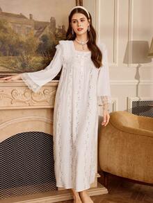 PalaceNights 宫廷风前片刺绣蕾丝流苏边开襟纽扣宽松长款女士睡裙 - 白色 - 查看 3
