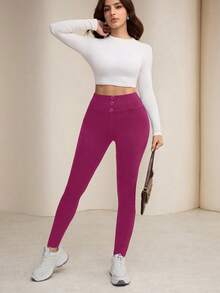 Modelyn Quần legging nữ màu trơn, thiết kế cài nút ở eo, kiểu dáng thường ngày thoải mái. - Màu Hồng Tươi - Xem 8