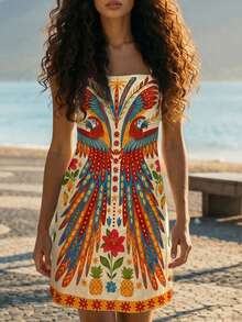 CAJUNI 热带度假可爱热带金刚鹦鹉迷你连衣裙 - 橘色 - 查看 3