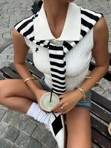 Muchica Women's Casual Everyday Sleeveless Cable Knit Top - Black and White - View 3