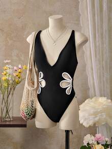 Swim Basics 夏季沙灘女性時尚花卉中空單件泳衣 - 黑色 - 查看 4