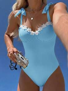 Swim Mod 1pc Women's Daisy Underwire Lace-Up Bralette, Cute & Sweet - Blue - View 1