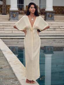 Swim Mulvari Women's Summer Vacation Metal Buckle Pleated Deep V Waist Wrap Dress - Beige - View 7