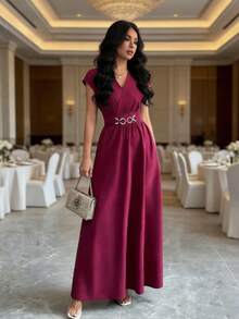 Rafferiza 女士优雅V领蝙蝠袖收腰喇叭裙摆连衣裙，樱桃红，春夏款 - 酒紅色 - 查看 6