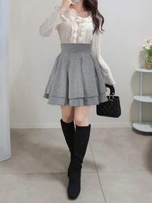 FRIFUL 女士黑色纯色高腰褶裥短款休闲百搭修身迷你裙，秋冬款 - 灰色 - 查看 3