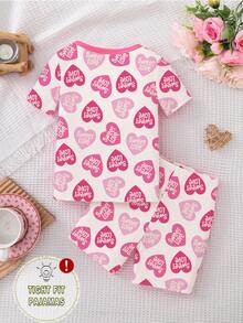 2 pièces/Set Pyjamas ajustés pour jeunes filles, haut à manches courtes et short imprimés de cœurs roses et de lettres, élégants et . Printemps/Été - Rose bonbon - Voir 2