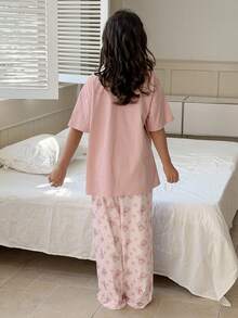 DAZY Tween Girls' Cartoon Bear Letter Print Short Sleeve Top And Pants Pajama Set - Pink - View 5