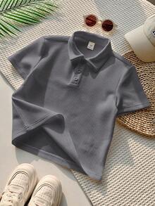 一件装 男童休闲运动学院风复古纹理面料短袖 Polo 衫，适合返校、生日派对、晚宴、演出、婚礼、洗礼、开幕式等场合，适合中东地区穿着，适合日常穿着，适合上学、旅行、运动，适合春夏季节。 - 灰色 - 查看 2