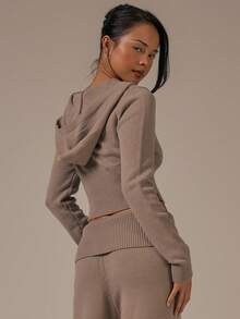 MUSERA 春夏修身针织连帽套头衫，可爱舒适，田园风，春日露珠 - 咖啡棕 - 查看 4