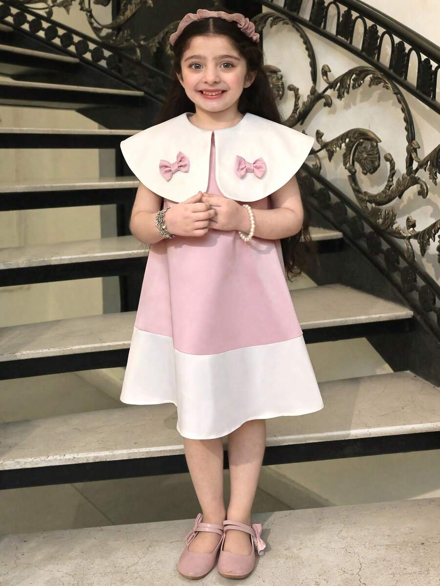 年轻女孩宽松优雅拼接撞色大翻领蝴蝶结装饰连衣裙 - 粉色 - 查看 1